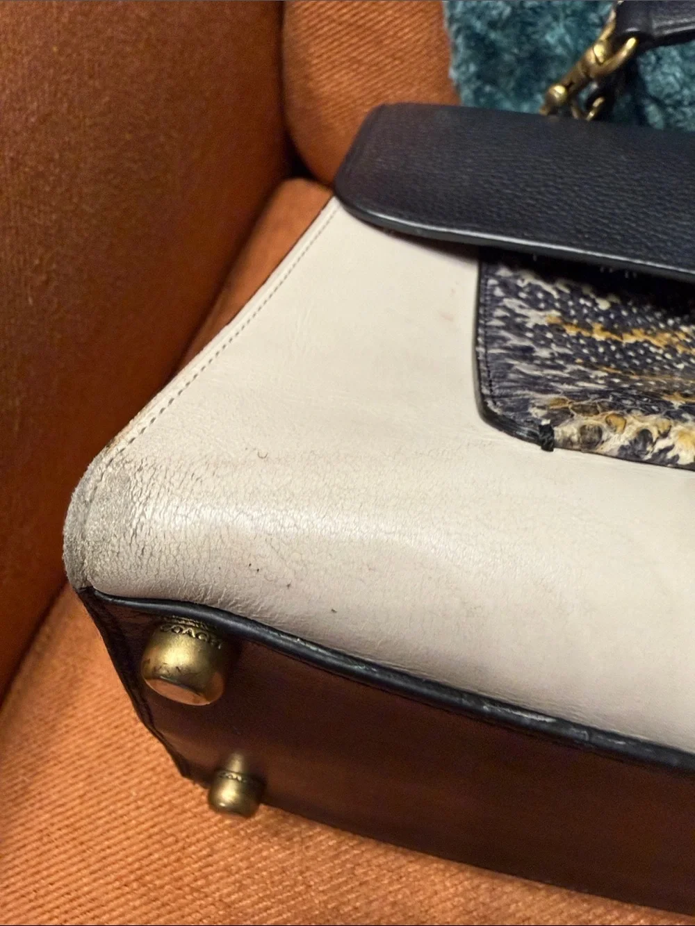 Coach Black, Cream & Multicolor Snakeskin Accent Satchel